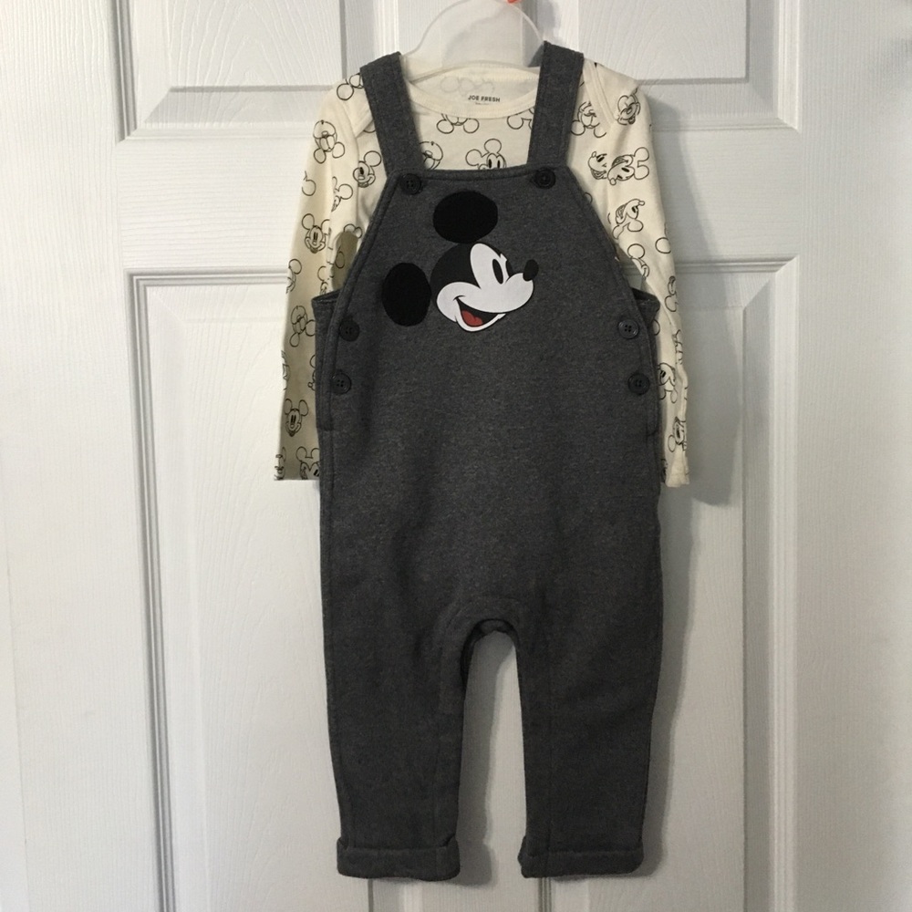 NWT J.Fresh 12-18m Mickey Mouse Disney 2 piece set overalls bodysuit